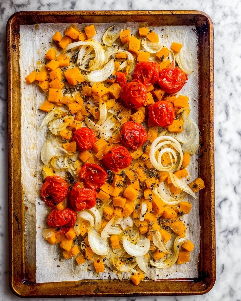 A baking tray with a layer of white parchment paper holds a mix of roasted vegetables. The bottom layer consists of small orange cubes of roasted butternut squash spread evenly across the tray. Scattered among the squash are thin, curved slices of roasted white onion rings, which add a light and translucent texture. On top, there are several halved, bright red roasted cherry tomatoes with a slightly wrinkled surface showing they are cooked. The vegetables are sprinkled with visible black pepper and dried herbs, creating small dark speckles throughout. The baking tray rests on a white marbled surface. photo taken with an iphone --ar 4:5 --v 7