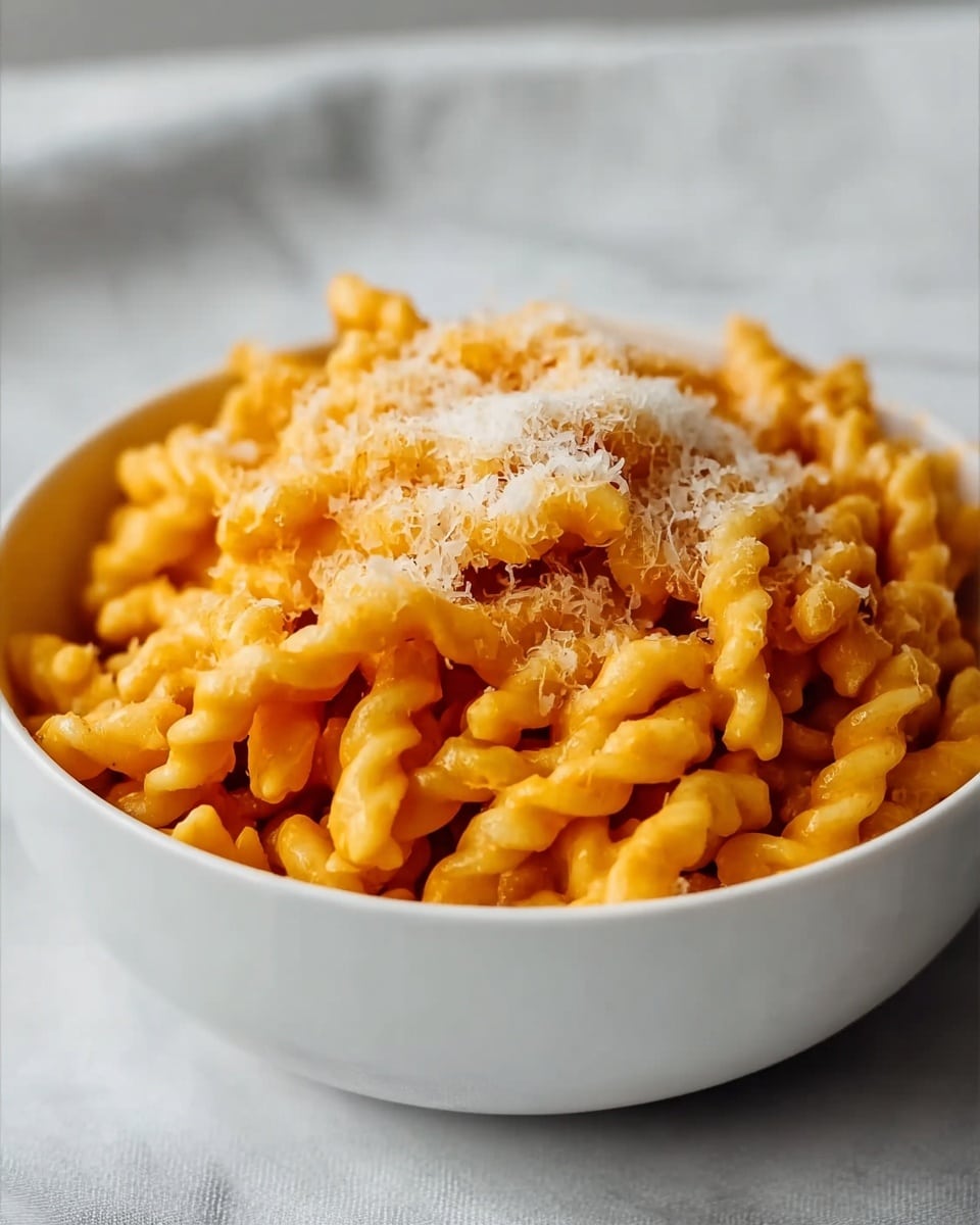 A white bowl filled with soft, twisted pasta noodles covered in a smooth, orange sauce. The pasta is topped with a light sprinkle of finely grated pale yellow cheese. The bowl sits on a white marbled surface with a blurred light gray background. photo taken with an iphone --ar 4:5 --v 7