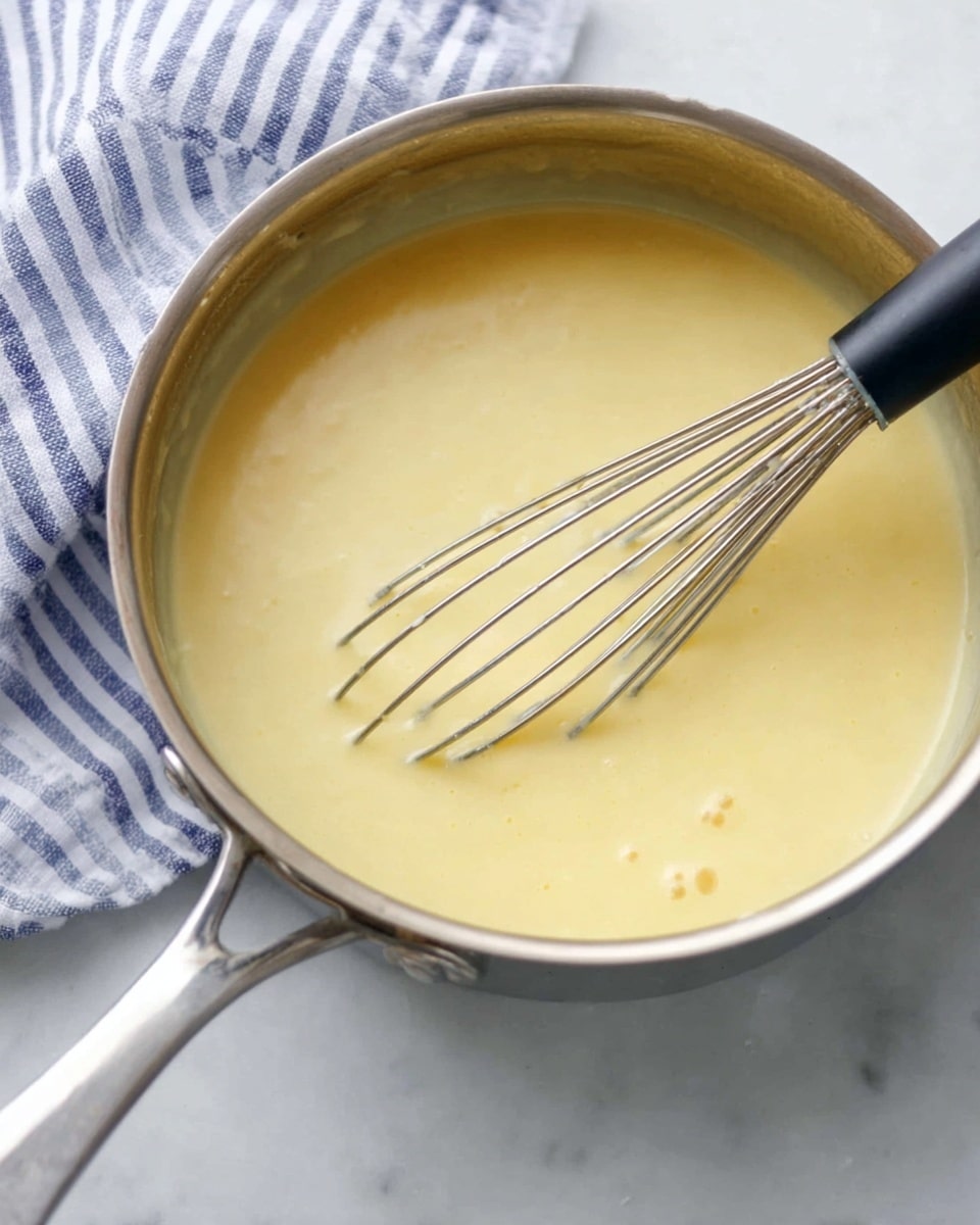A close-up view of a silver saucepan filled with smooth, creamy light yellow sauce. Inside the saucepan, a metal whisk with a black handle is partially dipped, blending the sauce. The saucepan rests on a white marbled surface, and a folded blue and white striped cloth is visible in the upper left corner. The sauce has a soft texture with a few small visible bits. photo taken with an iphone --ar 4:5 --v 7