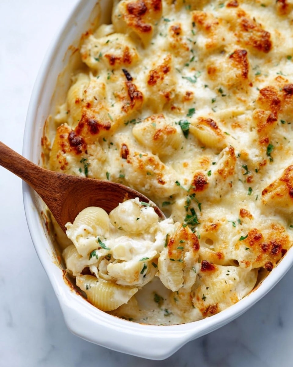 A white oval baking dish filled with baked pasta shells covered in melted creamy cheese with golden brown spots on top, mixed with small bits of green herbs evenly spread throughout. A wooden spoon scoops a portion of the cheesy pasta shells, showing their soft texture and the bubbly, slightly browned cheese layer. The dish is placed on a white marbled surface, creating a clean and simple background. Photo taken with an iphone --ar 4:5 --v 7