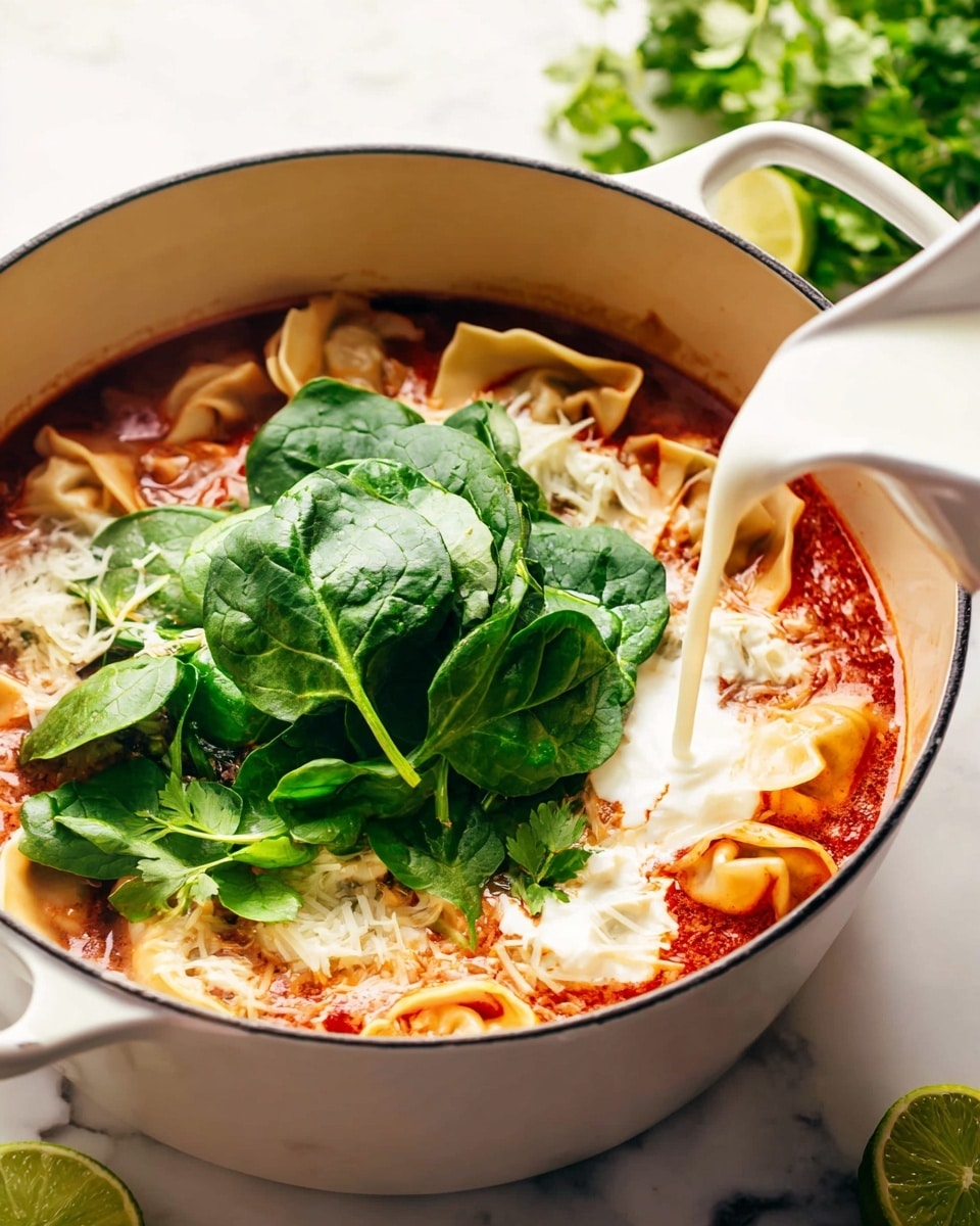 A white pot filled with a rich red tomato broth, showing folded pasta or dumplings floating around the edges, some covered in melted cheese. On top in the center is a pile of fresh green spinach leaves, their smooth texture contrasting with the thick soup. A creamy white liquid is being poured from the bottom left into the pot, adding a soft layer over part of the soup and pasta. The pot sits on a white marbled surface, and in the background are some lime wedges and fresh herbs. Photo taken with an iphone --ar 4:5 --v 7