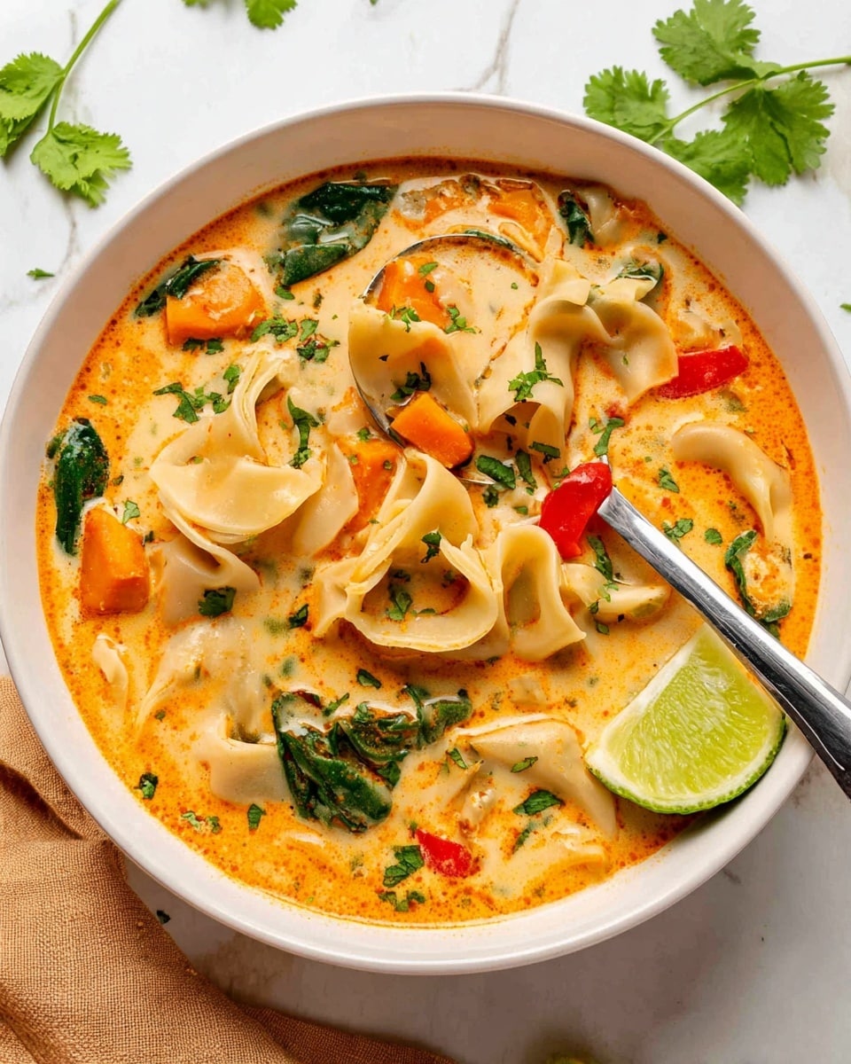 A white bowl filled with creamy orange soup with visible layers of white folded noodles spread throughout. There are chunks of orange sweet potatoes, green spinach leaves, and red bell peppers mixed inside the soup. The top is sprinkled with chopped green cilantro. A wedge of lime with a bright green color sits on the right side of the bowl. A shiny silver spoon rests inside the bowl holding some noodles, a bit of soup, and a small red pepper piece. The bowl is placed on a white marbled surface with scattered cilantro leaves around and a tan cloth partially visible at the bottom left corner. Photo taken with an iphone --ar 4:5 --v 7