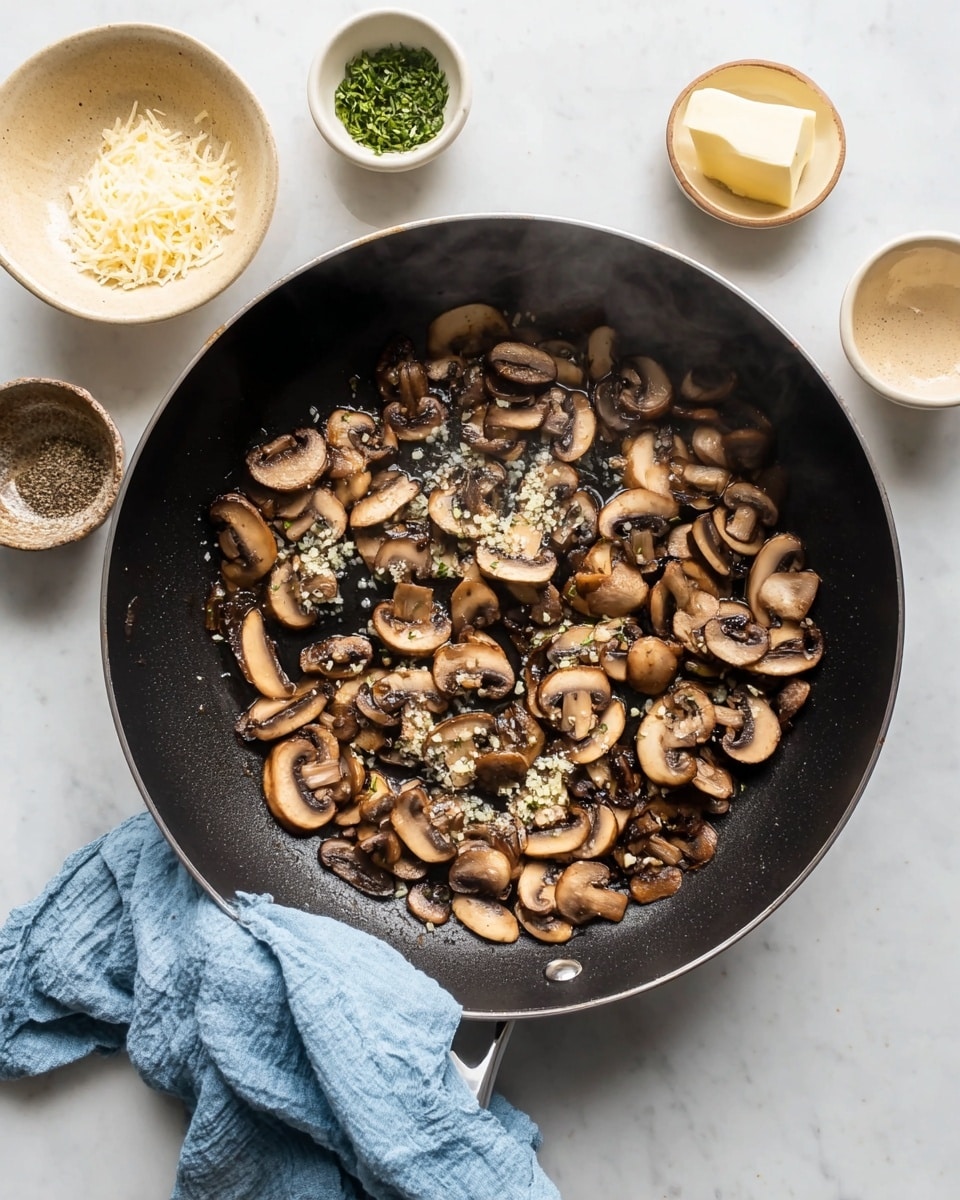 A black pan filled with one layer of brown sliced mushrooms being cooked with small bits of minced garlic scattered on top, placed on a white marbled surface. Around the pan, there are small white bowls containing green herbs and black pepper, a beige bowl with grated cheese, and a beige bowl with a stick of butter. A light blue cloth is casually placed near the pan. Steam rises softly from the pan, showing the warmth of the cooking process. photo taken with an iphone --ar 4:5 --v 7