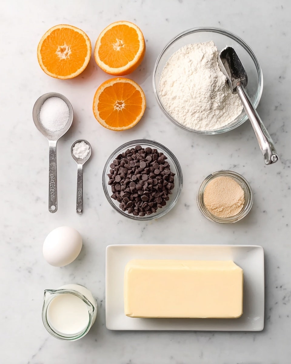 The image shows baking ingredients arranged on a white marbled surface. At the top left, there are two orange halves showing bright orange flesh. To their right is a metal scoop filled with white flour. Below the scoop, there is a clear glass bowl filled with dark chocolate chips. On the left side, two small metal measuring spoons contain white baking soda and white salt. Near the center bottom, there is a white egg in a small glass holder, and to its left is a small glass jar of white milk. On the right side near the bottom, a metal measuring cup holds light brown sugar. At the bottom, a rectangular white plate holds a block of pale yellow butter. photo taken with an iphone --ar 4:5 --v 7