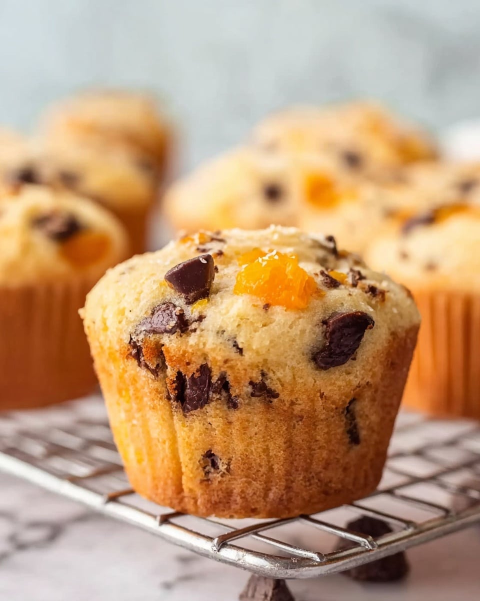 A close-up of a muffin with a golden-brown bottom layer and a light beige top layer, studded with dark chocolate chips and bright orange fruit pieces mixed throughout. The muffin is upright on a metal rack with more muffins blurred in the background, sitting on a white marbled surface. The muffin has a slightly cracked, soft, and fluffy texture on top with visible chunks of orange and chocolate scattered inside. Photo taken with an iphone --ar 4:5 --v 7