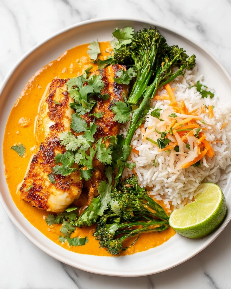 A white plate holds a dish with three main layers: the base layer is a bright orange creamy sauce that spreads out to cover the plate slightly, topped with fluffy white rice mixed with thin orange carrot strips and flecks of green herbs, positioned on the right side. To the left of the rice, there is a piece of golden-brown grilled fish with a slightly charred texture, garnished generously with fresh green cilantro leaves. Around the fish and rice, small bright green broccolini florets add texture and color. A slice of green lime sits near the bottom right of the rice, completing the composition against a white marbled surface photo taken with an iphone --ar 4:5 --v 7