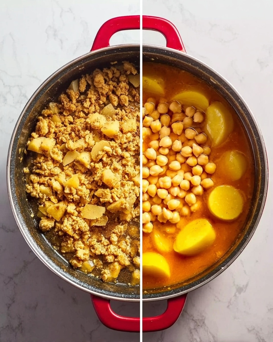 The image shows two side-by-side photos of a round, red-handled cooking pot on a white marbled surface. The left pot contains a cooked mix of small, crumbly, golden-brown pieces with some darker and lighter bits, covering the bottom in an uneven layer. The right pot has a bright orange liquid base with a few quartered light golden potatoes and a large pile of beige chickpeas floating on top, filling most of the pot. photo taken with an iphone --ar 4:5 --v 7
