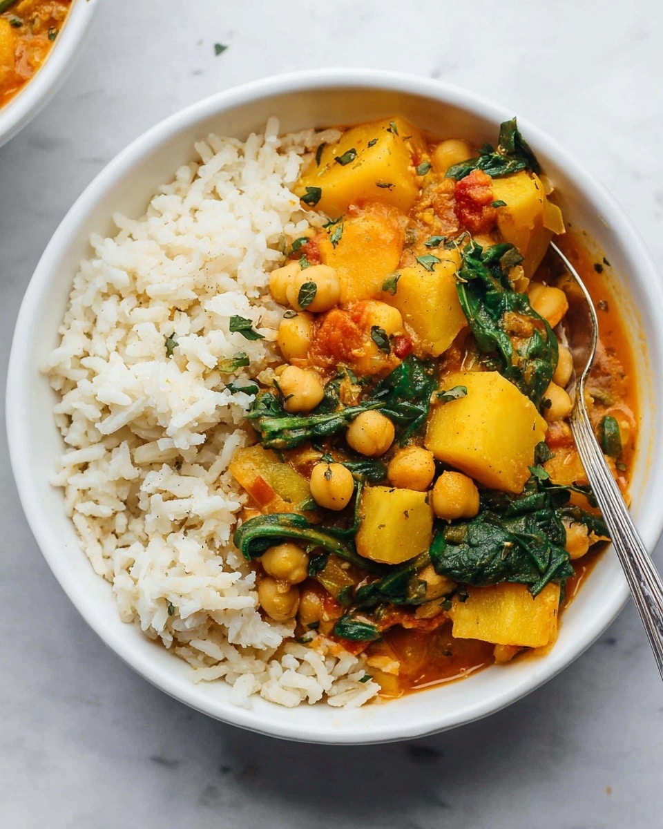 A white bowl sits on a white marbled surface, filled with two main layers: on one side there is fluffy white rice with a slightly grainy texture, and on the other side a thick, orange-colored stew made with chickpeas, yellow potato chunks, and leafy green spinach, all coated in a rich sauce with visible bits of herbs and spices. A silver spoon is placed inside the bowl, resting in the rice. The colors are warm and earthy, with the bright green spinach leaves adding contrast to the soft yellow and orange tones. Photo taken with an iphone --ar 4:5 --v 7