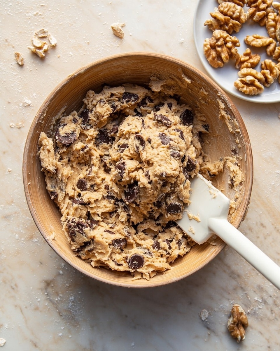 A round bowl filled with thick, chunky cookie dough that has visible layers of light tan dough mixed with dark chunks of chocolate scattered throughout. The dough appears textured with bits of oats or nuts. A white spatula rests inside the bowl on the right side, partly covered in dough. Above the bowl, a small white plate holds many walnut halves, light brown in color with rough, crinkled texture. The bowl and plate sit on a white marbled surface with a few small dough and nut pieces scattered around. The photo taken with an iphone --ar 4:5 --v 7