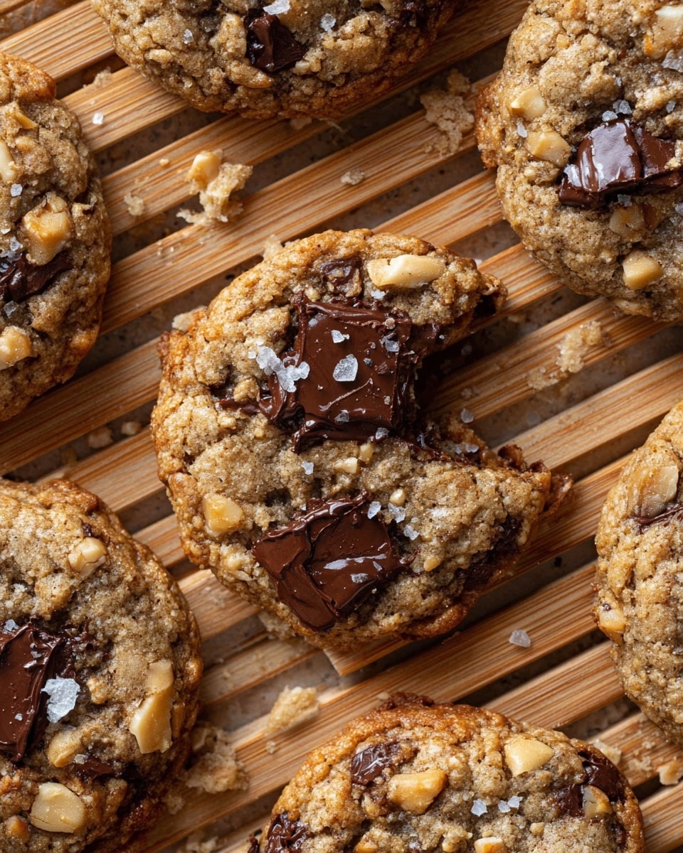The image shows thick, chewy cookies with large chunks of melted dark chocolate scattered on top. The cookies have a light brown, oatmeal-like texture with bits of chopped nuts sprinkled across the surface. They are placed close together on a wooden slatted surface, which has a warm natural color. One cookie in the center is slightly broken, showing melted chocolate inside. Small nut crumbs and a few salt flakes are scattered around the cookies. photo taken with an iphone --ar 4:5 --v 7