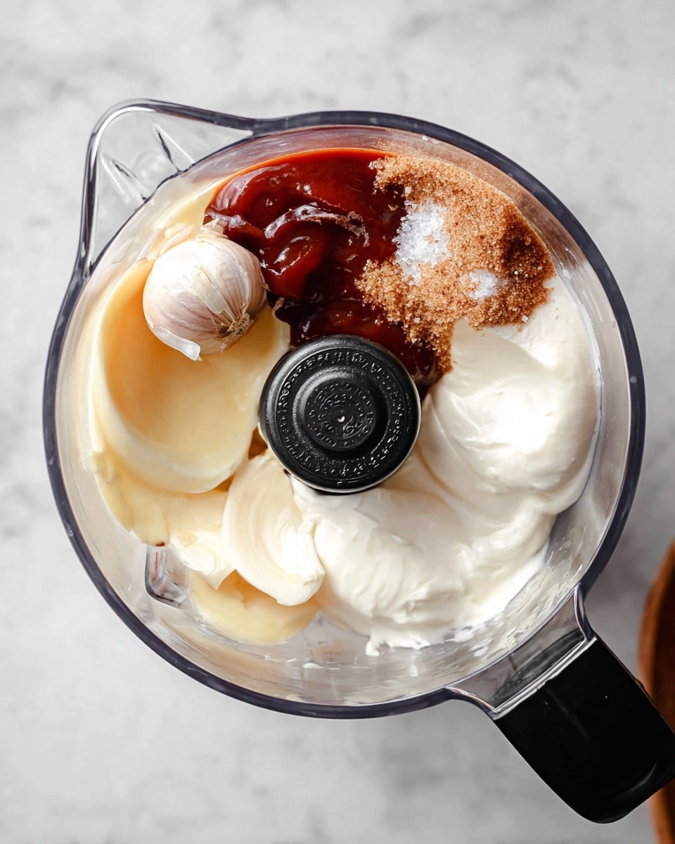 A top view of a clear blender bowl sitting on a white marbled surface, filled with seven visible layers of ingredients: a small smooth clove of garlic on the left, next to a pale yellow creamy layer, a thick white creamy layer covering most of the bottom right, a slightly darker creamy layer near the bottom left, a shiny dark red thick sauce on the top right, next to a grainy brown sugar texture with some translucent white salt crystals on top, all surrounding the blender’s black central piece. Photo taken with an iphone --ar 4:5 --v 7