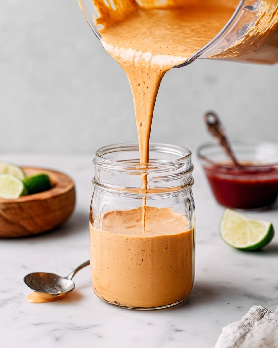 A clear glass jar is being filled with a smooth, light orange sauce pouring from a blender container above. The sauce has a creamy texture with tiny visible specks. Near the jar on the white marbled surface are a metal spoon, half a squeezed lime, a small round wooden bowl, and a small glass bowl with dark red sauce. The background is a soft white color, creating a clean, fresh look. Photo taken with an iphone --ar 4:5 --v 7