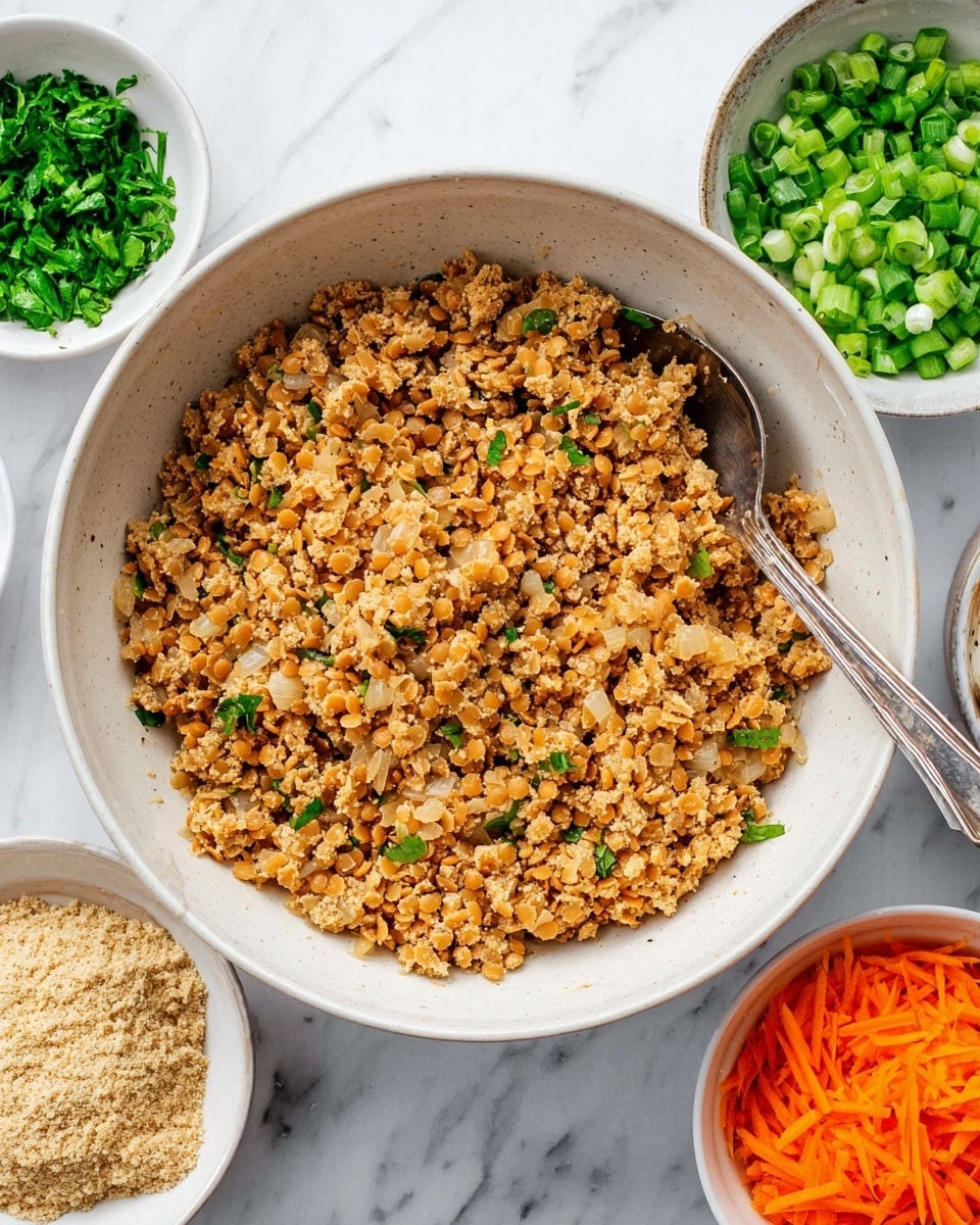 A large white bowl filled with crumbled beige lentils mixed with onions, with a silver spoon resting on the right side inside the bowl, surrounded by smaller white bowls holding chopped green onions, chopped fresh green parsley, breadcrumb crumbs, and shredded bright orange carrots, all placed on a white marbled surface photo taken with an iphone --ar 4:5 --v 7
