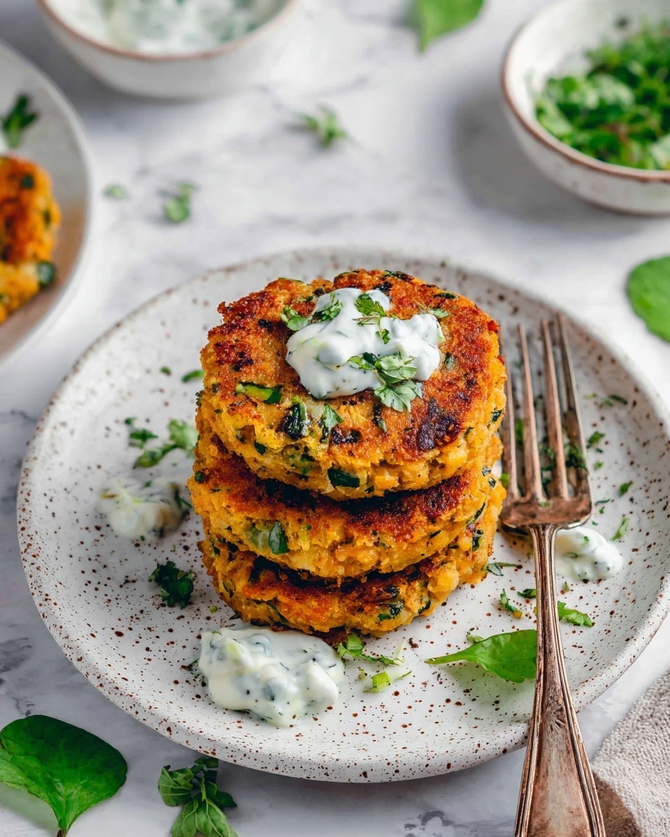 Three round, golden-brown patties with green herbs mixed inside are stacked on a white speckled plate. Each patty has a crispy texture with some darker spots from cooking. Small dollops of white sauce with green herbs are spread on top of the patties and around them on the plate. Bright green fresh herb leaves are scattered on and around the patties. A vintage silver fork lies on the plate next to the patties. The plate sits on a white marbled surface with blurred white bowls in the background holding more green herbs and white sauce. Photo taken with an iphone --ar 4:5 --v 7
