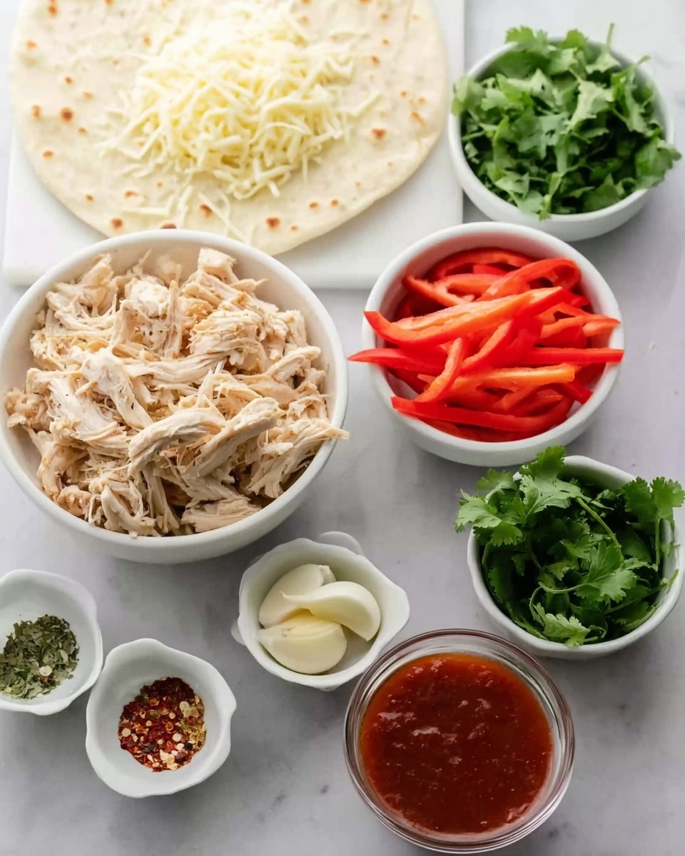 The image shows a white flatbread placed on a white marbled surface, surrounded by several small white bowls. One bowl is filled with shredded light brown chicken, another with thin red bell pepper strips, and one with fresh green cilantro leaves. A bowl holds finely shredded pale yellow cheese. There is a smallwhite bowl containing two peeled cloves of garlic, a small white bowl with a sprinkle of crushed red pepper and green seasoning, and a small glass container filled with red sauce. The colors are soft and fresh, arranged neatly for making a meal. Photo taken with an iphone --ar 4:5 --v 7