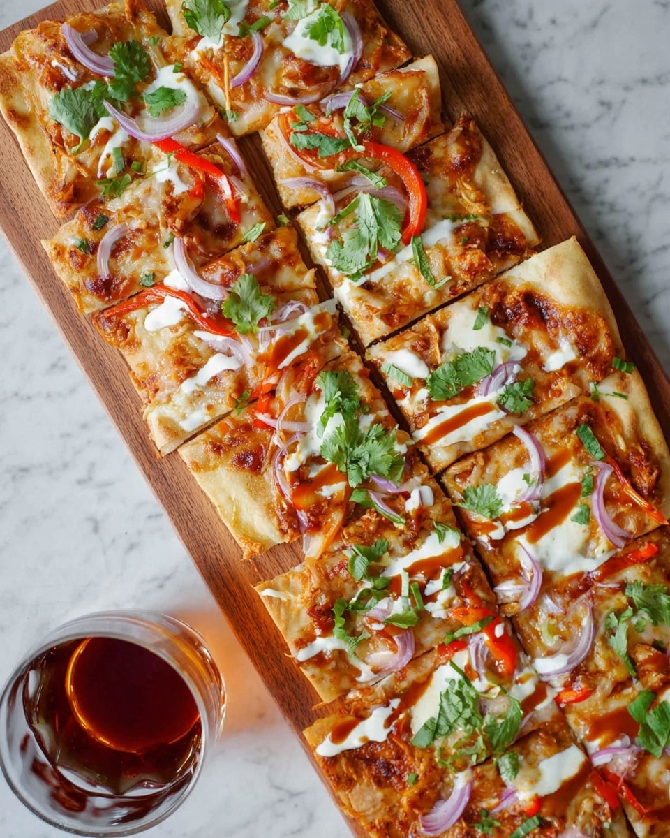 The image shows a rectangular pizza sliced into eight pieces placed on a wooden board. The pizza has a golden-brown crust and is topped with white melted cheese, red bell pepper strips, thin slices of red onion, and green fresh cilantro leaves scattered on top. There are also drizzles of a reddish sauce and a white creamy sauce across the pizza. Next to the pizza, there is a clear glass with some dark reddish sauce inside. The board and glass sit on a white marbled surface. photo taken with an iphone --ar 4:5 --v 7