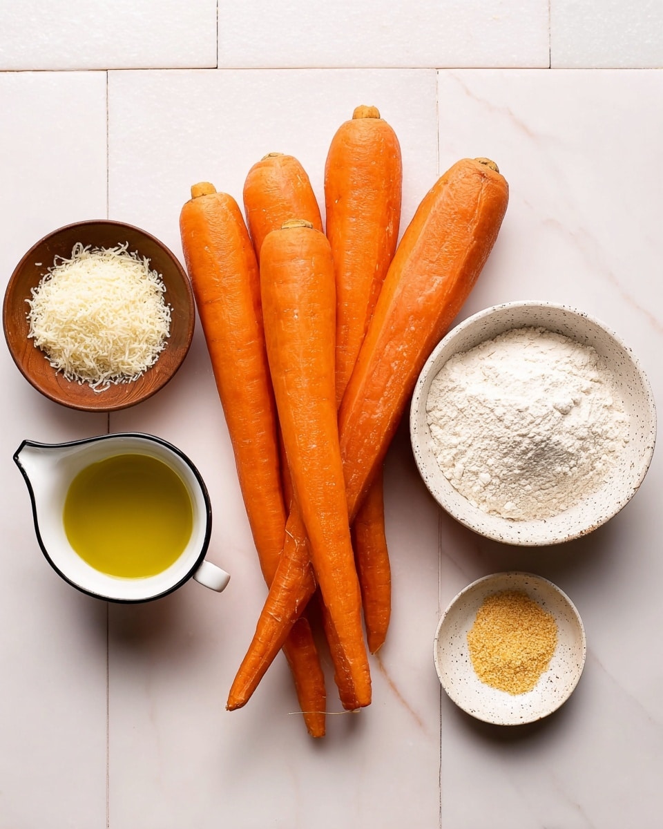 The image shows five whole raw carrots grouped in the center with smooth orange skin and green tops removed. Surrounding the carrots are small white bowls holding different ingredients: grated cheese in a brown bowl on the left, olive oil in a small white measuring cup with a black rim at the bottom, white flour in a speckled white bowl on the top right, a small amount of yellow granular seasoning in a tiny white bowl on the far right, and a small scoop of flour or powder in another white bowl near the top left. All items are placed on a white marbled textured surface with faint square tile patterns. photo taken with an iphone --ar 4:5 --v 7