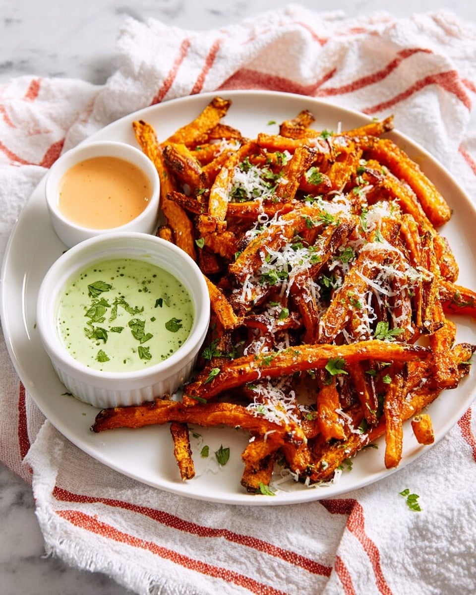 A white plate filled with a pile of crispy carrot fries that are golden to deep orange in color, some edges are darker and crunchy. The fries are sprinkled with shredded white cheese and small green parsley bits. A white ramekin filled with a light green creamy sauce with green herb sprinkles sits on the side of the plate. Next to the plate is a small white bowl with pale orange dipping sauce. A white cloth with red stripes is placed underneath and around the plate on a white marbled surface. Photo taken with an iphone --ar 4:5 --v 7