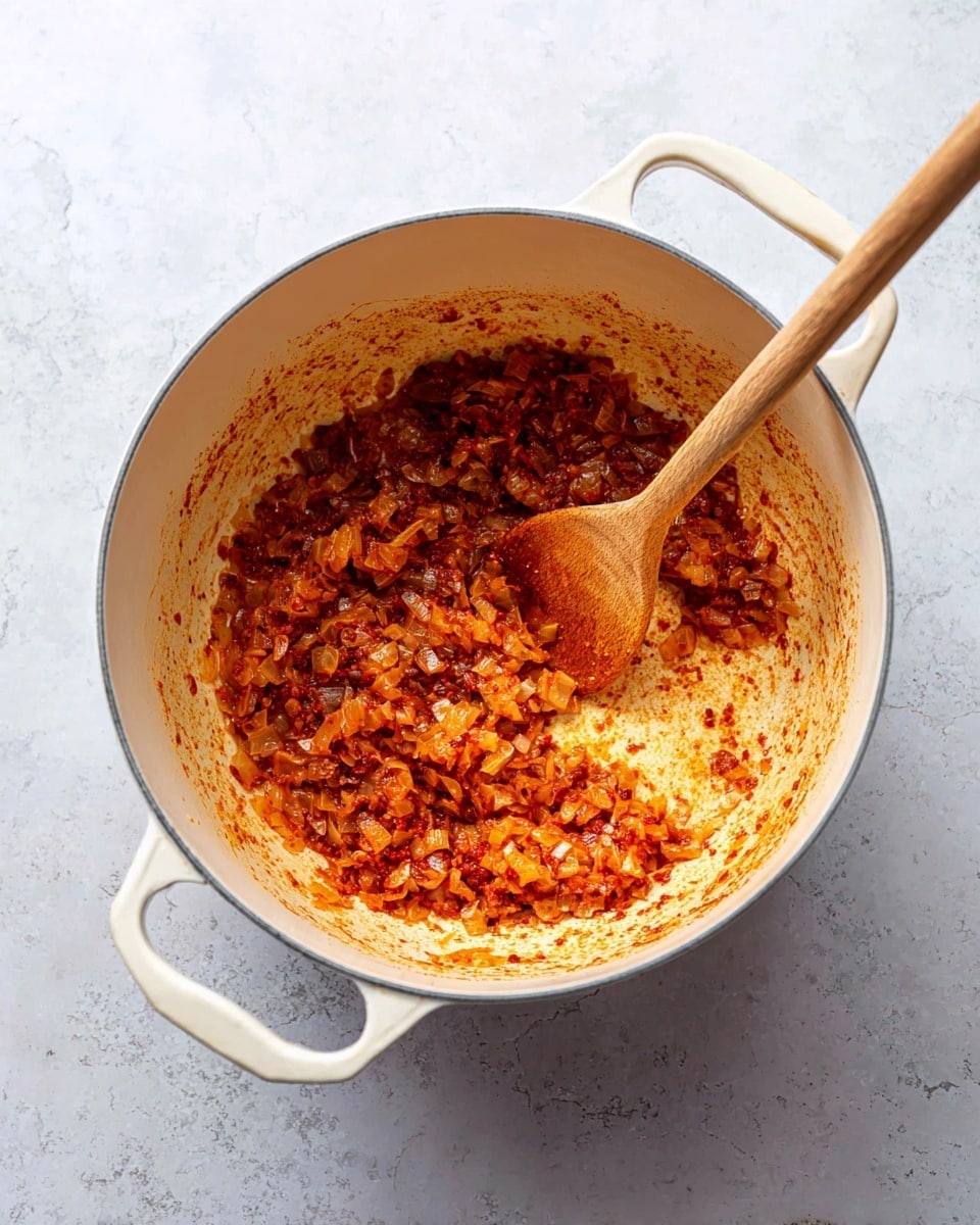 Inside a white enameled pot with two handles, there is one visible layer of cooked chopped onions mixed with red seasoning or bits of tomato, spread unevenly around the bottom and sides. The onions are soft and translucent with brown edges, giving a textured look. A wooden spoon with a smooth surface rests inside the pot, its rounded head covered with the same mixture. The pot sits on a white marbled textured surface. photo taken with an iphone --ar 4:5 --v 7