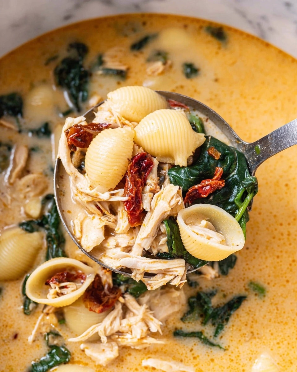 The image shows a close-up of a creamy soup with a ladle full of ingredients. The soup has a light orange, creamy broth as the bottom layer. Inside the broth, there are pale yellow shell pasta, light beige shredded chicken pieces, dark green spinach leaves, and small pieces of red sun-dried tomatoes. The ladle in the center lifts a generous mix of these ingredients, showing the thick texture and different colors clearly. The background is a white marbled texture. Photo taken with an iphone --ar 4:5 --v 7