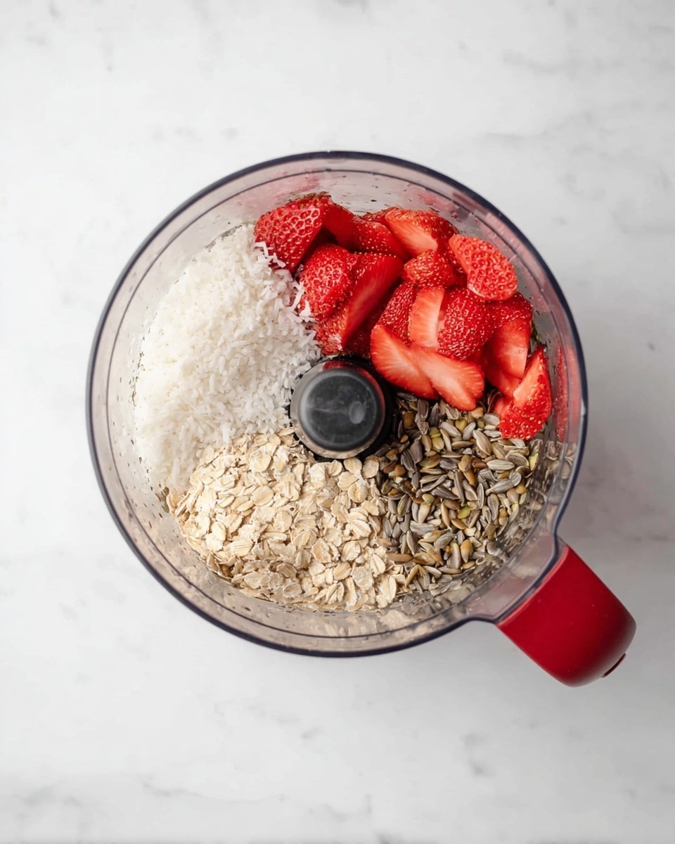 A clear round blender bowl sits on a white marbled surface, filled with four main ingredients in separate sections. One quarter has bright red sliced strawberries with seeds showing, next to a white pile of shredded coconut on the left. Below the coconut is a light beige layer of rolled oats, and next to the oats on the right is a light brown section of sunflower seeds. The bowl has a black center blade part and a red handle on the right side. photo taken with an iphone --ar 4:5 --v 7
