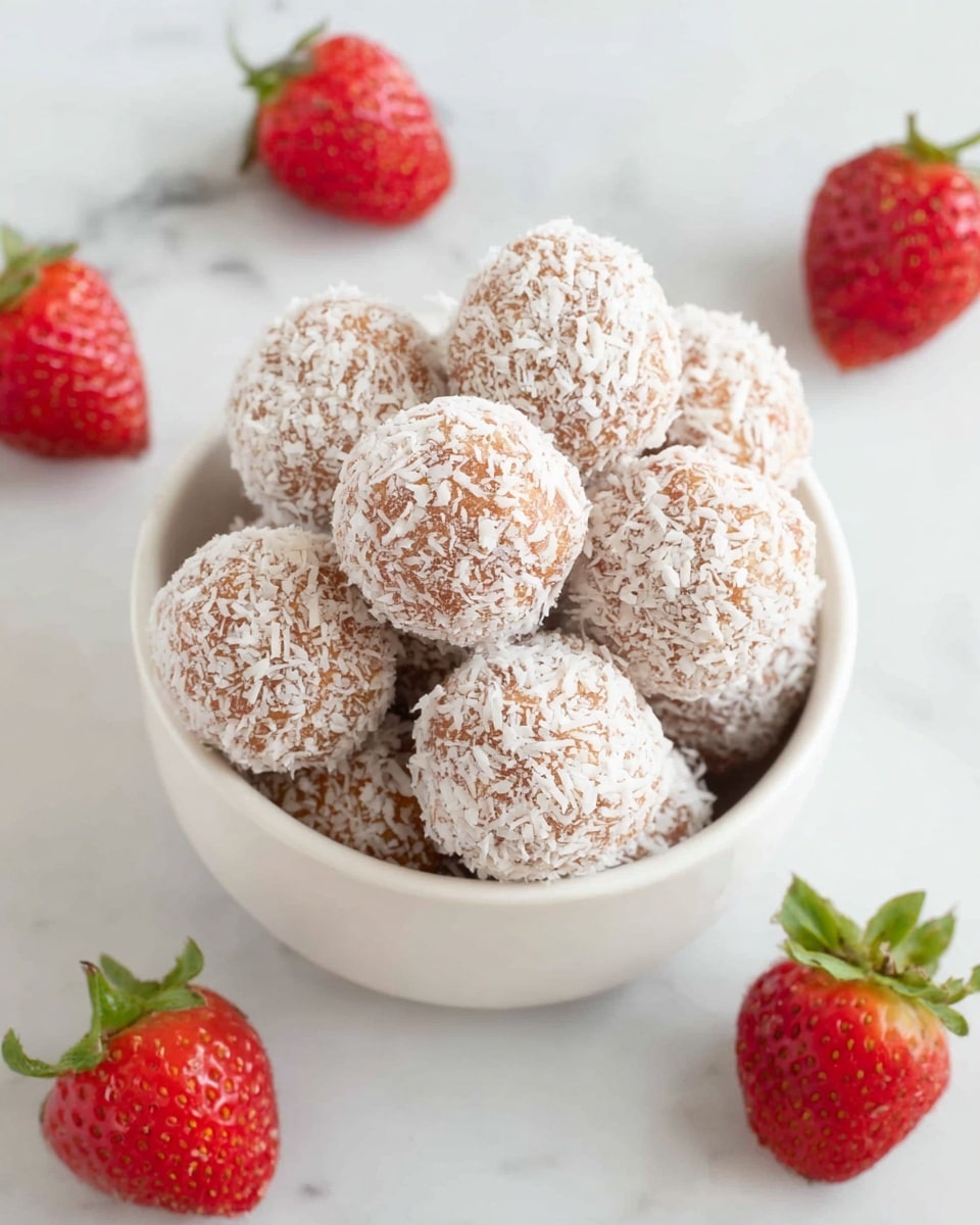 A white bowl filled with many round balls covered in white shredded coconut, showing a light brown base through the coconut layer, placed in the center on a white marbled surface. Around the bowl, there are six whole red strawberries with green leaves scattered loosely. The scene is bright and clear, focusing on the contrast between the red strawberries and the coconut-covered balls. photo taken with an iphone --ar 4:5 --v 7