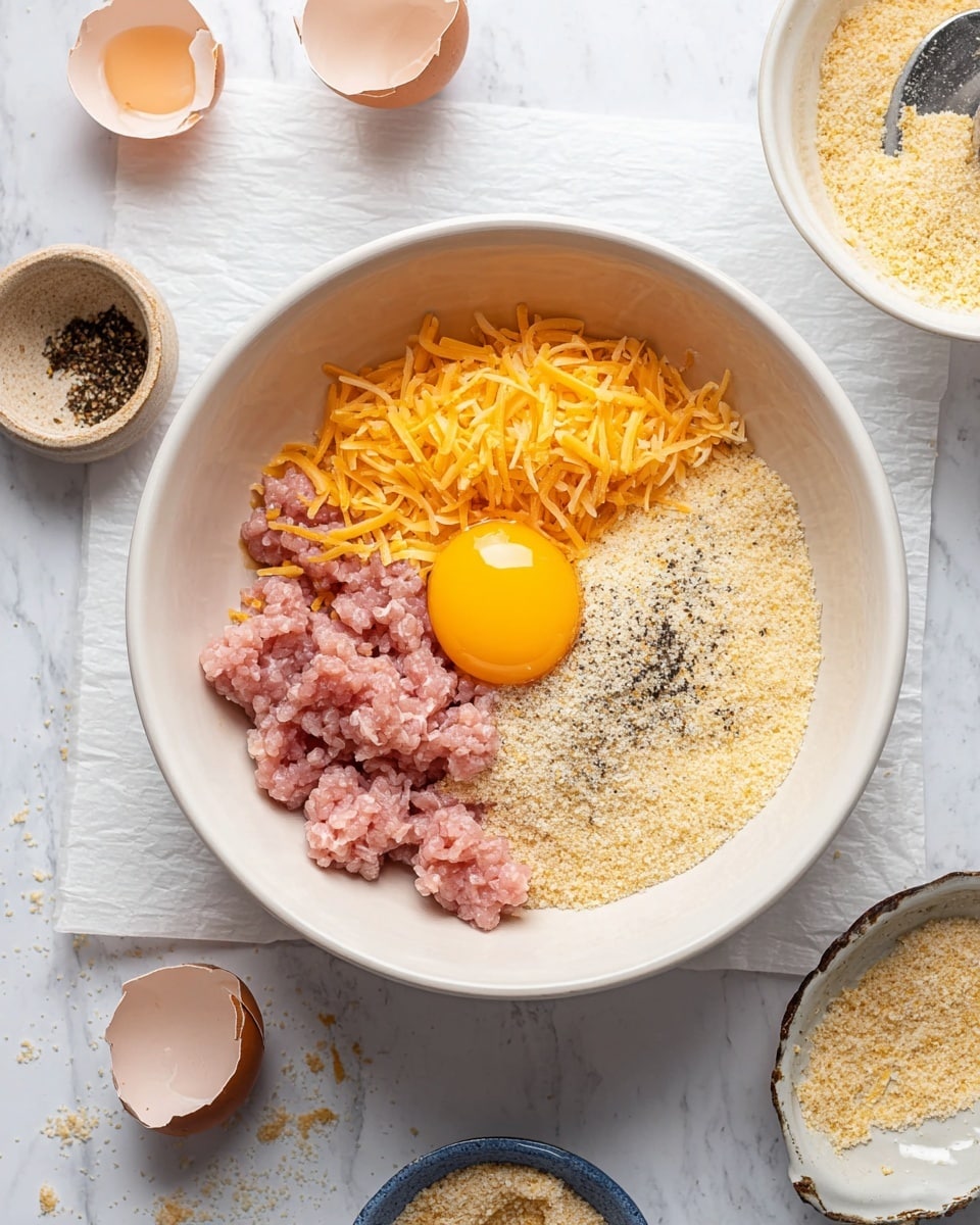In a white bowl placed on a piece of baking paper over a white marbled surface, there are several layers of ingredients arranged separately. On the right side of the bowl is a layer of orange shredded cheese with a fine texture. Above that, a pale beige layer of breadcrumbs is sprinkled with black pepper and white salt on top. Below the cheese and breadcrumbs, raw ground chicken with a soft, smooth pink texture forms a layer on the left side with small piles evenly spaced. In the center of the bowl, there is a whole raw egg yolk with a shiny, smooth yellow surface. Around the bowl on the white marbled surface, there are eggshell halves and small bowls containing more ingredients, including breadcrumbs. Photo taken with an iphone --ar 4:5 --v 7