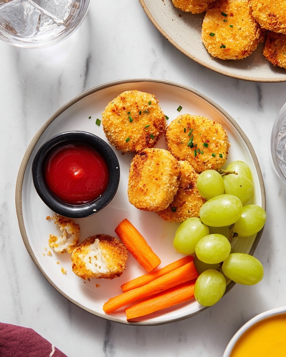 A white plate holds five golden brown, crispy round nuggets, one of which has a bite taken out showing a soft white inside, sprinkled with tiny green herbs. Below the nuggets are three thick orange carrot sticks, and to their right, a bunch of bright green grapes with smooth skin. A small black bowl filled with bright red ketchup sits on the left side of the plate. The plate is set on a white marbled surface with part of another plate of nuggets, a glass of water with ice, and a small white bowl of yellow sauce visible around it. Photo taken with an iphone --ar 4:5 --v 7