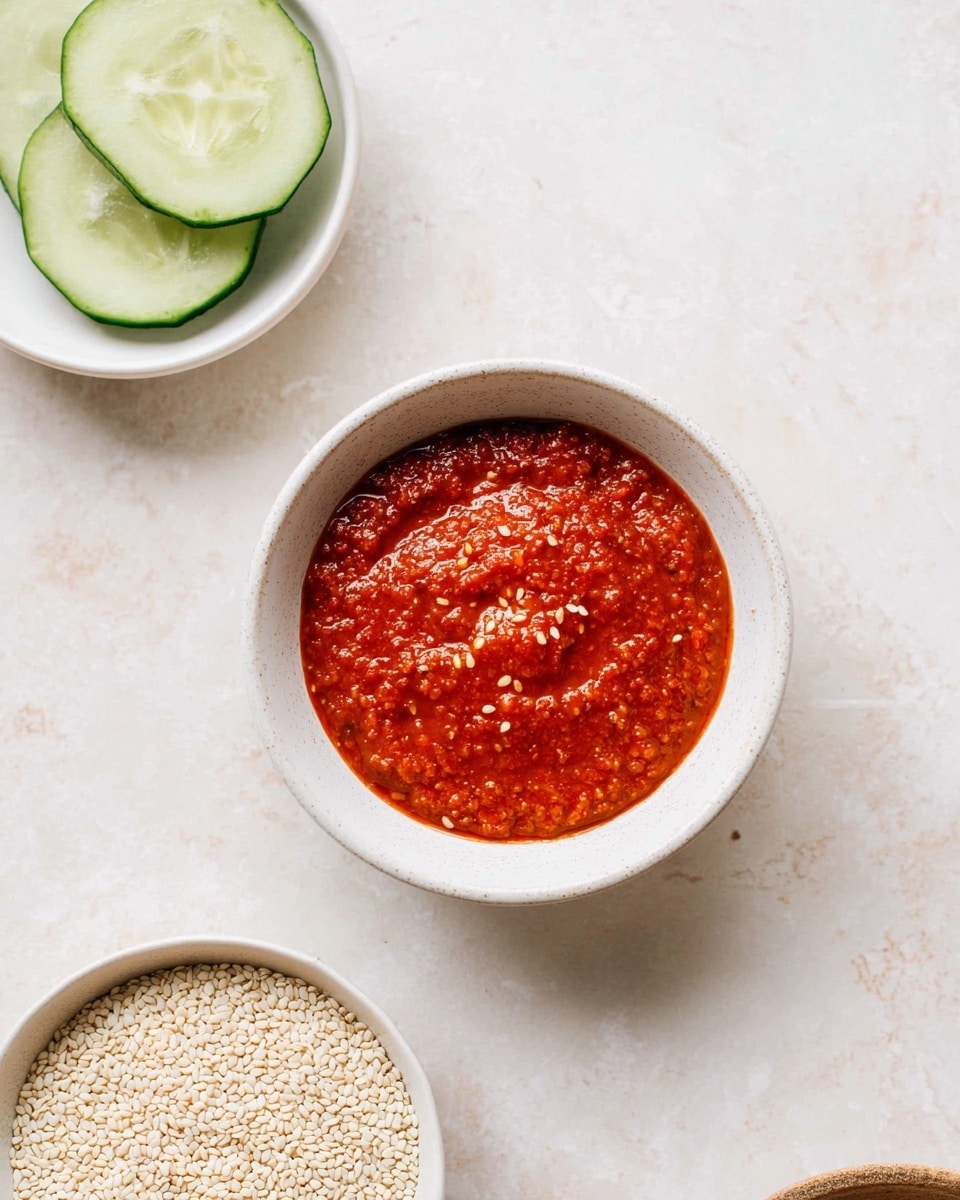 The image shows a white bowl in the center filled with a thick, bright red sauce that has a slightly chunky texture with visible small bits and specks, suggesting spices or seeds in it. Below and to the right of this bowl is another white bowl containing small, off-white sesame seeds that cover the bottom layer evenly. To the top left of the sauce bowl, there are three slices of cucumber stacked loosely, showing their pale green skin and light green inner flesh with seeds visible. The whole scene is set on a white marbled surface with faint texture, and a bit of another white bowl is visible at the top right corner. photo taken with an iphone --ar 4:5 --v 7