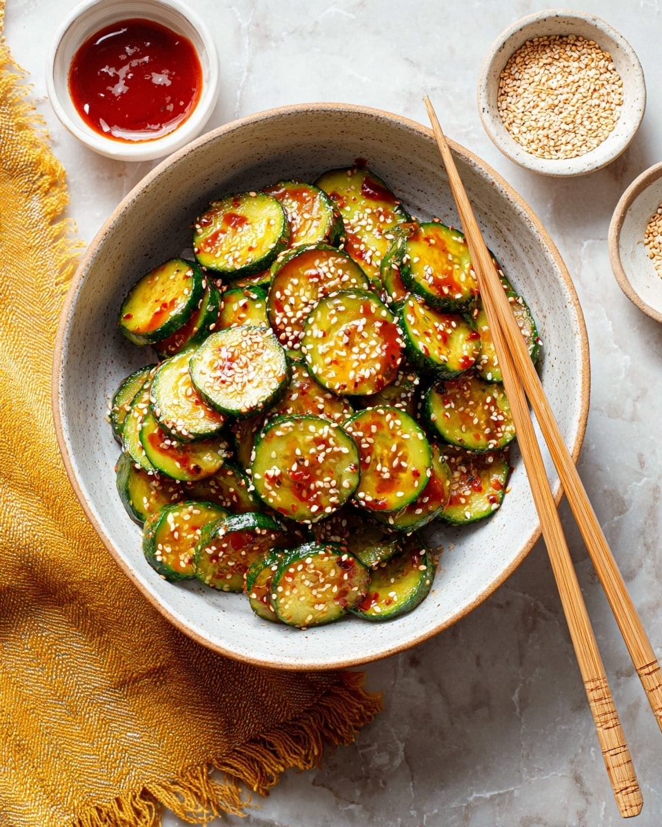 A bowl filled with round slices of cucumber stacked loosely, each slice covered with a shiny, reddish spicy sauce and sprinkled with white sesame seeds. The cucumbers show a green outer edge and a light green inside, lightly tossed so some slices tilt to the side. Two light brown wooden chopsticks rest inside the bowl, one holding a slice of cucumber. Around the bowl on a white marbled surface are a small white bowl with red chili sauce and another small white bowl holding sesame seeds. A textured yellow cloth with fringed edges is placed nearby. Photo taken with an iphone --ar 4:5 --v 7