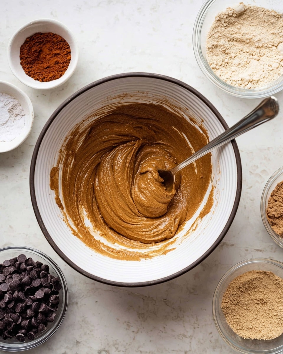 A white bowl with dark edges holds a thick, smooth mixture of brown color being stirred by a metal spoon resting inside, with visible swirls in the paste. Surrounding the bowl on a white marbled surface are smaller white bowls and clear containers filled with chocolate chips, a dark brown powder, a beige powder, and a light brown powder, arranged around the main bowl, creating a neat, organized food preparation scene. photo taken with an iphone --ar 4:5 --v 7