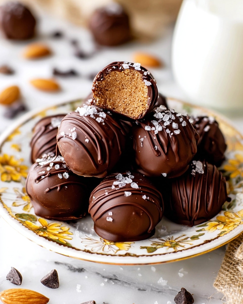 A small pile of round chocolate truffles is placed on a white plate decorated with a yellow floral pattern. The truffles are glossy and dark brown with thin chocolate drizzle lines on top. Each truffle is sprinkled with small bits of white sea salt. One truffle sits on top with a bite taken out, showing a soft, dense, light brown cake-like center. The plate rests on a white marbled surface scattered with whole almonds and chocolate chips. A glass of milk is blurred in the background. photo taken with an iphone --ar 4:5 --v 7