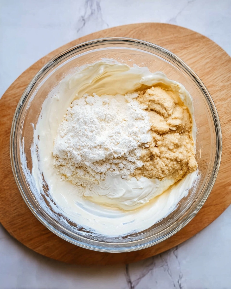 A clear glass bowl sits on a wooden board against a white marbled surface. Inside the bowl, there are three main layers: a thick white creamy layer covering most of the bottom, a beige or light brown creamy layer on the right side, and a white powdery layer piled on top near the center. The layers have soft textures, with the white powder sitting loosely above the creamy layers. The photo is taken from above showing the mixture clearly. photo taken with an iphone --ar 4:5 --v 7