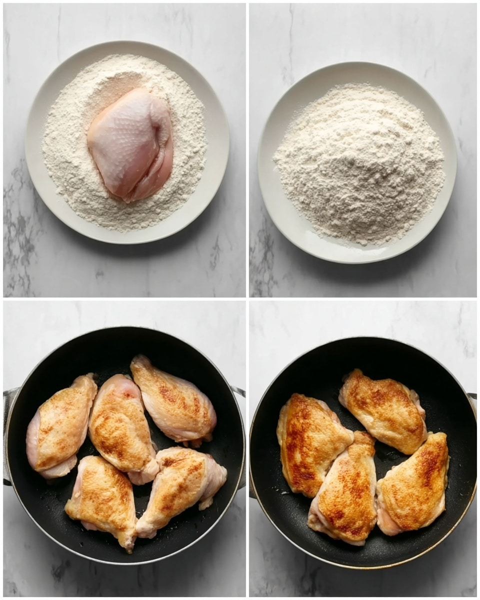 The image shows four stages of preparing chicken. The first stage is a white round plate filled with white flour on a white marbled surface. The second stage shows a single raw chicken piece placed in the middle of the flour on the same white plate. The third stage shows four raw chicken pieces placed side by side in a black pan on the white marbled surface. The last stage shows four cooked golden-brown chicken pieces inside the same black pan. Photo taken with an iphone --ar 4:5 --v 7