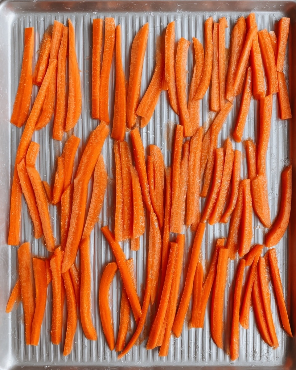 The image shows a silver metal baking tray covered with thin, raw carrot sticks spread out evenly in a single layer. Each carrot stick is bright orange with a slightly shiny, moist surface texture, lying flat on the lined pattern of the pan. The background is a white marbled texture. photo taken with an iphone --ar 4:5 --v 7