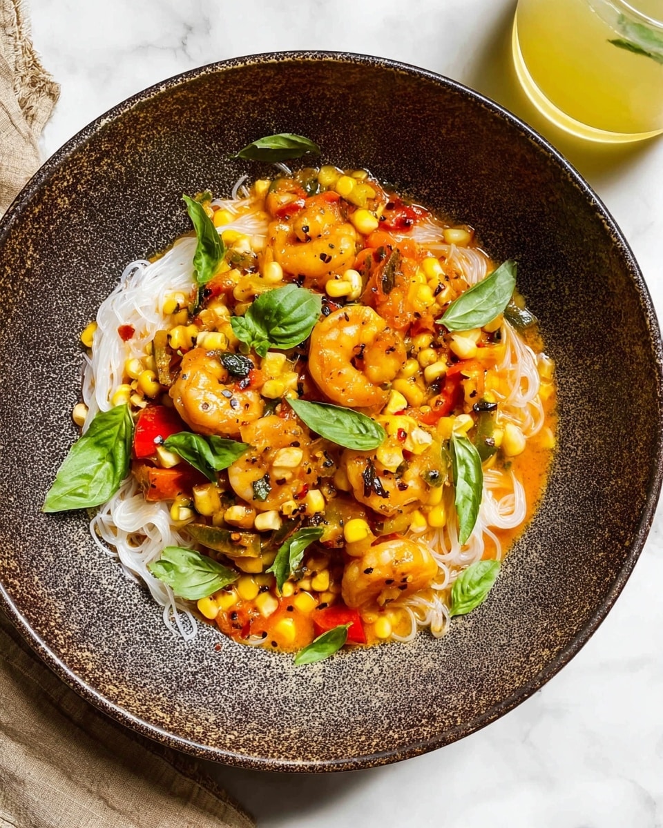 The dish is served in a deep bowl with a rough dark brown and gray speckled texture, placed on a white marbled surface. The bottom layer consists of white rice noodles, visible around the edges. On top, there are several medium-sized shrimp cooked to a golden brown, mixed with bright yellow corn kernels and small pieces of red bell pepper. Fresh green basil leaves are scattered across the top, adding a pop of color. The dish is coated in a light reddish-orange sauce, and some black pepper flakes are sprinkled over it. A glass with a yellow drink is partially visible in the upper right corner. photo taken with an iphone --ar 4:5 --v 7