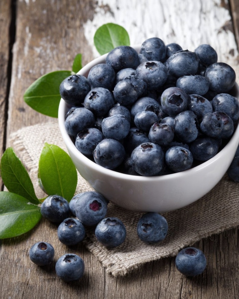 A white bowl filled with many dark blue blueberries, showing a smooth and round texture. Some blueberries rest outside the bowl on a rough beige cloth and a wooden surface. Green leaves are placed near the bowl, adding a fresh touch. The background shows a white marbled texture. Photo taken with an iphone --ar 4:5 --v 7