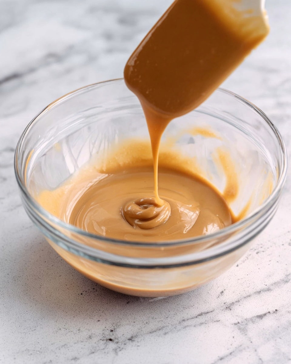 A clear glass bowl is on a white marbled surface, holding a thick, smooth sauce being poured from a spatula into the bowl. The sauce is creamy and light brown, with a soft and glossy texture, gently flowing and creating a slight swirl as it lands in the bowl. Photo taken with an iphone --ar 4:5 --v 7