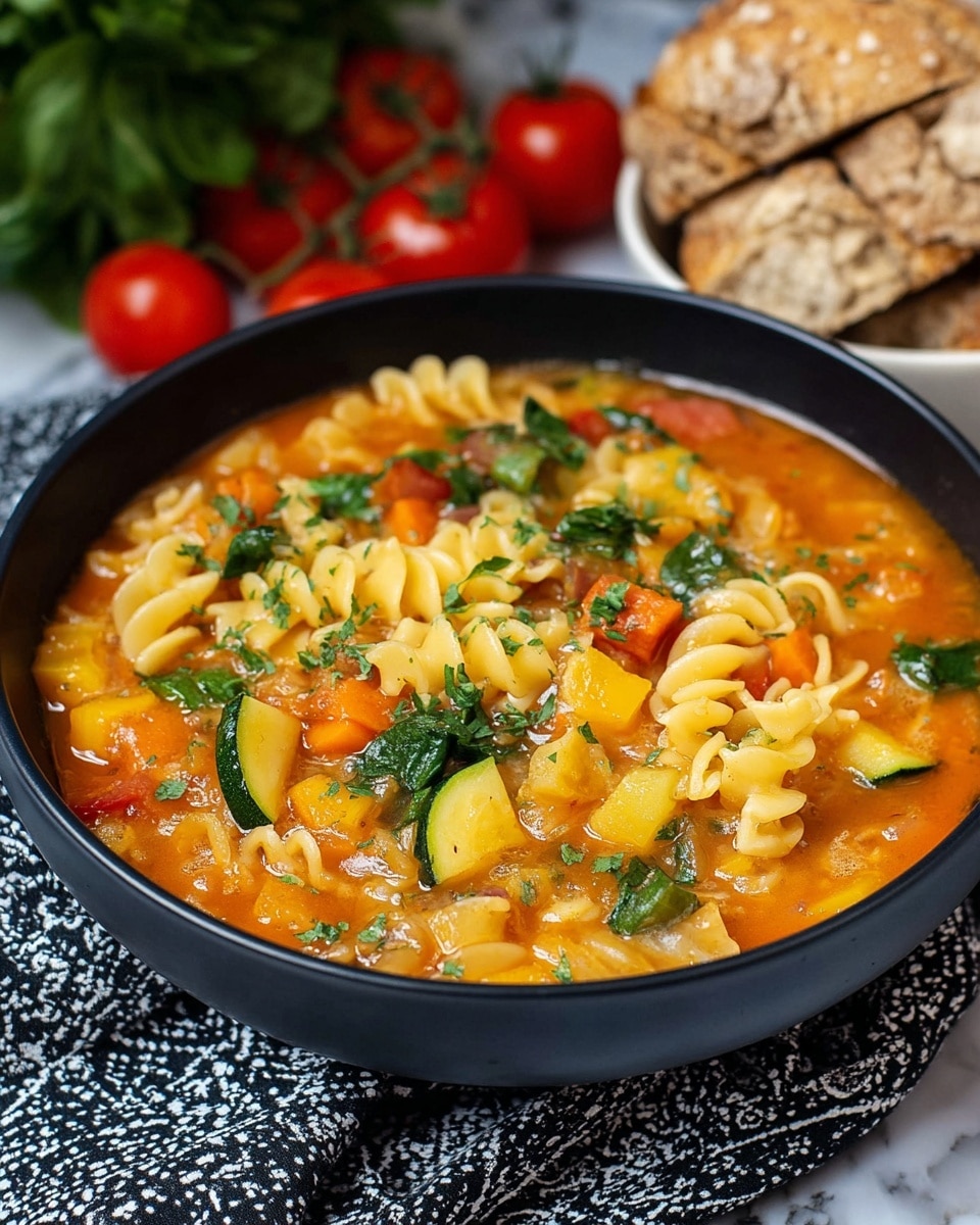 A black bowl filled with a colorful vegetable pasta soup placed on a black and white patterned cloth. The soup has three main layers: on the bottom is a bright orange tomato broth with a slightly smooth texture, in the middle are yellow pasta pieces with ruffled edges floating among small diced yellow and green zucchini and orange carrot cubes, and on top fresh green spinach leaves and chopped parsley scattered evenly. The background includes a bunch of red cherry tomatoes and a white bowl holding slices of crusty bread with a rough, golden crust. The entire scene sits on a white marbled surface. photo taken with an iphone --ar 4:5 --v 7