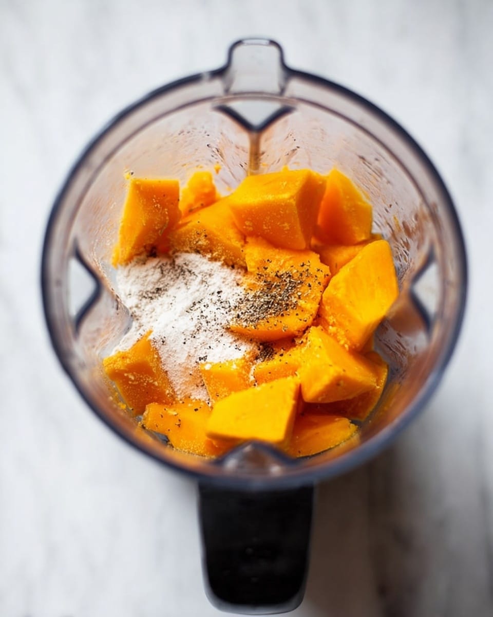 Inside a clear blender jar, bright orange chunks of a fruit or vegetable fill the bottom half, showing a soft texture. On top of these pieces, there is a small white powdery layer, likely a seasoning or flour, scattered unevenly. Tiny black specks of ground seasoning are sprinkled over the orange pieces and white powder. The blender's black handle and dark blades are visible. The background is a smooth white marbled surface. photo taken with an iphone --ar 4:5 --v 7