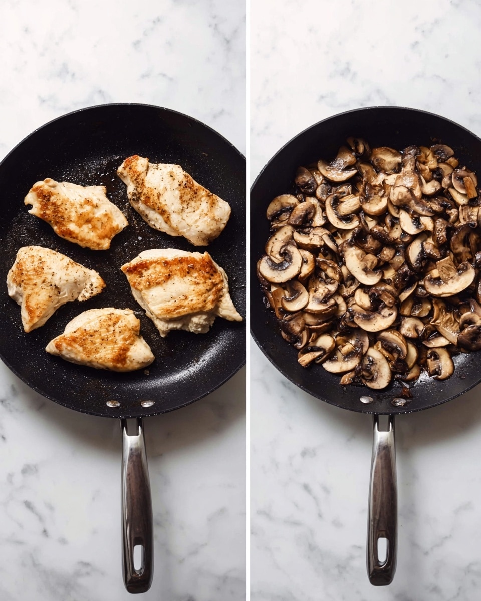 A black pan on a white marbled surface shows four pieces of cooked chicken with a light golden brown color, arranged in a rough square pattern inside the pan; next to it, the same black pan contains many cooked mushroom slices, light to dark brown, spread evenly covering the pan’s surface; the pan has a handle extending downward. Photo taken with an iphone --ar 4:5 --v 7