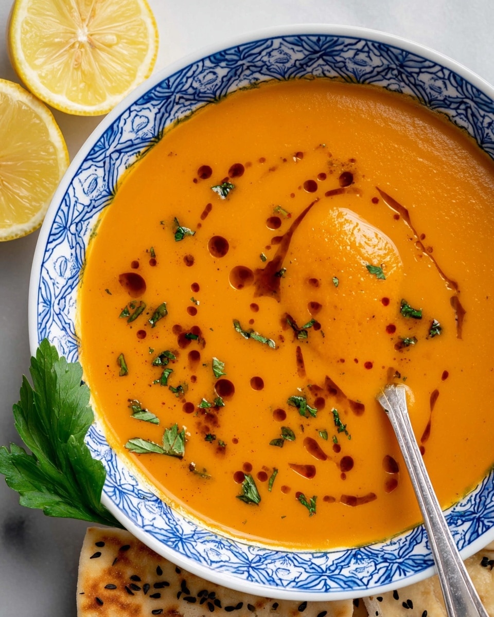 A round white bowl with blue patterns holds a smooth, thick orange soup that fills the bowl almost to the top. Dark brown droplets of oil are scattered on the soup's surface, with small bits of green herbs sprinkled evenly across. A silver spoon rests inside the bowl, holding a scoop of the soup. On the left side, two lemon wedges and green parsley leaves are placed next to the bowl. Below the bowl, pieces of flatbread with black seeds are partially visible on the white marbled surface. Photo taken with an iphone --ar 4:5 --v 7