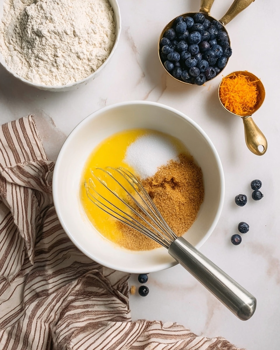 A white bowl holds three layers of ingredients side by side: melted yellow butter on the left, white sugar in the middle, and light brown sugar on the right, with a metal whisk placed in the bowl. To the upper left is a partial view of a white bowl filled with flour. To the upper right are two brass measuring cups, one filled with fresh dark blue blueberries and the smaller one with bright orange zest. A few scattered blueberries are on the white marbled surface around the bowl, and a crumpled cloth with brown and white stripes lies below the bowl. Photo taken with an iphone --ar 4:5 --v 7
