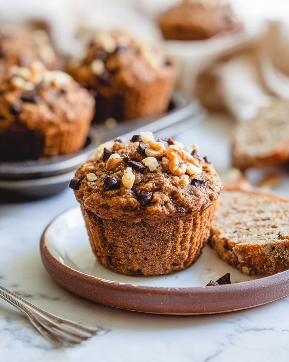 A close-up of a brown muffin topped with small pieces of walnut and dark chocolate chips, sitting on a white plate with a rustic brown rim on a white marbled surface. The muffin has a textured, slightly cracked top with visible nut and chocolate pieces. In the background, there is a metal tray filled with more muffins, slightly out of focus, and a blurred piece of sliced bread with visible grains and nuts lying beside the muffin on the plate. A fork rests on the plate next to the muffin. Photo taken with an iphone --ar 4:5 --v 7