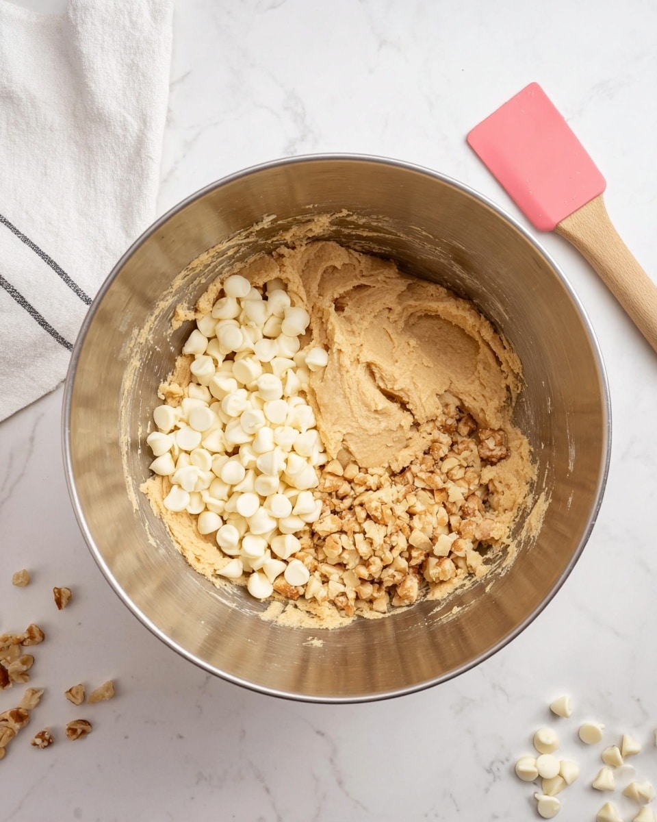 A metal mixing bowl sits on a white marbled surface, filled with a beige dough that is thick and creamy in texture. On one side of the dough, there is a pile of white chocolate chips grouped together, showing a smooth and shiny texture. On the opposite side, there is a cluster of chopped nuts, which are light golden brown and have a rough, chunky texture. Near the bowl, a pink silicone spatula with a light wooden handle rests on the surface, and a white towel with thin black stripes is partially visible. A few scattered nuts and white chocolate chips are scattered on the white marbled surface around the bowl. Photo taken with an iphone --ar 4:5 --v 7