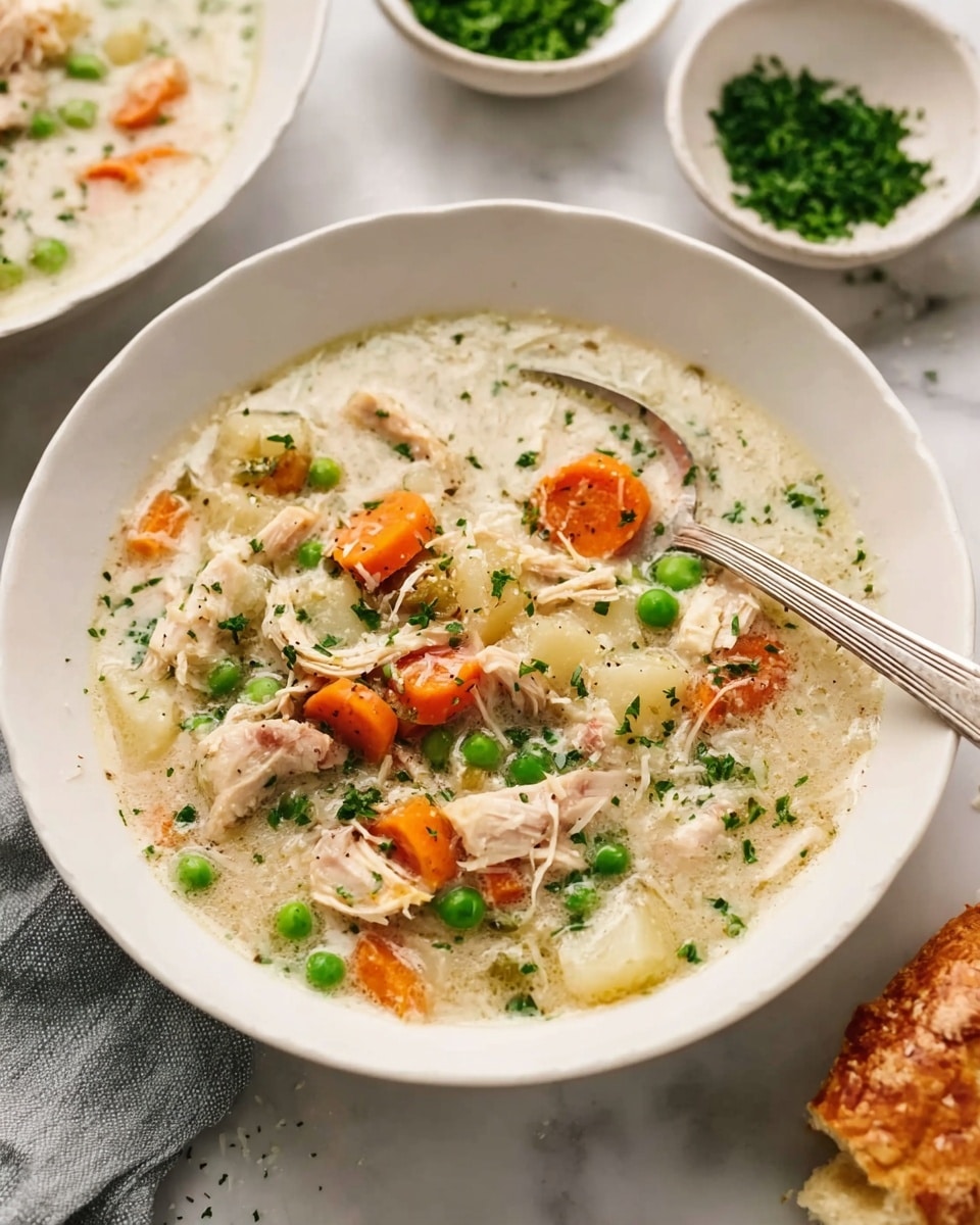 The image shows a bowl filled with a creamy chicken and vegetable soup. The soup has shredded white chicken meat mixed with slices of orange carrot, small green peas, and bits of white potato in a thick, light-colored broth. The bowl is white and placed on a white marbled surface. Nearby, there are small white bowls with grated cheese and chopped green herbs. A spoon rests in the soup, and a piece of golden brown bread is partially visible at the side. The lighting is soft and natural, highlighting the colors and textures of the soup and ingredients. photo taken with an iphone --ar 4:5 --v 7