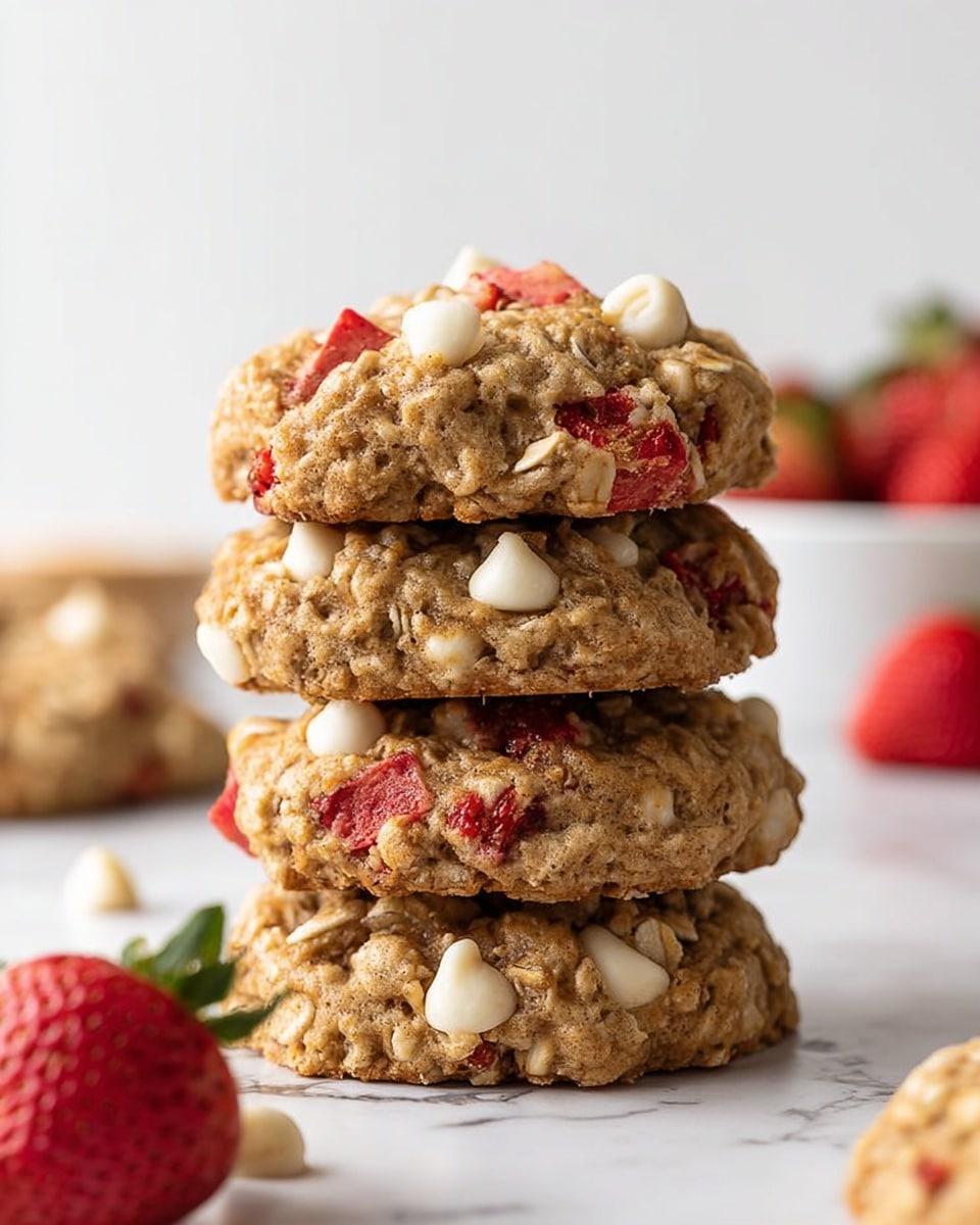 A close-up view of a stack of four thick oatmeal cookies, each cookie showing rough texture with visible oats, chunks of red strawberry pieces, and white chocolate chips scattered throughout. The cookies have a rustic, chunky look with uneven edges. The stack is placed on a white marbled surface, with blurred fresh strawberries and small white bowls in the background. The colors are warm with light brown cookies, bright red strawberries, and creamy white chips. photo taken with an iphone --ar 4:5 --v 7