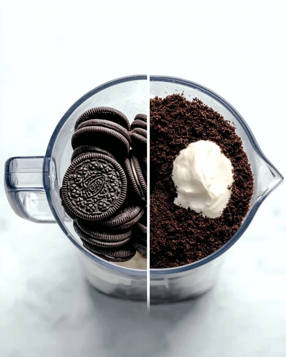 The image shows two stages of making a dessert in a clear blender jar placed on a white marbled surface. On the left side, the jar is filled with a single thick layer of whole dark chocolate sandwich cookies stacked and filling the jar almost to the top. On the right side, the cookies have been crushed into fine crumbs forming a dark brown crumb layer that lines the inside of the jar, with a smooth dollop of white cream placed on top of the crumbs on the right side of the jar. The lighting is bright and even, highlighting the texture of the crumbs and cream, photo taken with an iphone --ar 4:5 --v 7
