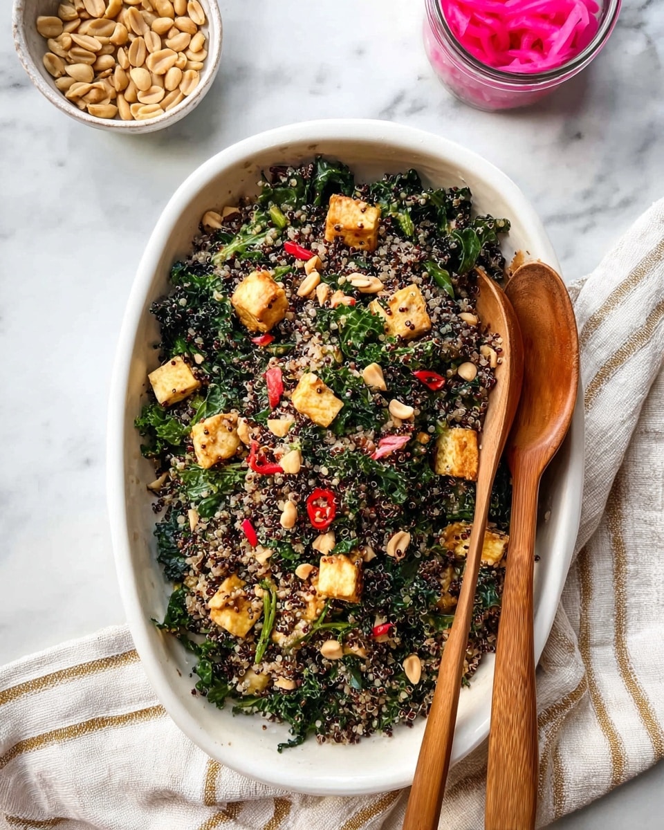 The image shows two top-down views side by side on a white marbled surface. The left side has a silver metal sieve filled with dry tri-color quinoa, with small round grains in black, white, and red colors densely packed inside the mesh. The sieve has two long handles extending outwards. On the right side, there is a silver metal pot with a black handle, filled halfway with wet cooked tri-color quinoa, the grains softened and slightly clumped together, showing a mix of black, white, and red colors. photo taken with an iphone --ar 4:5 --v 7