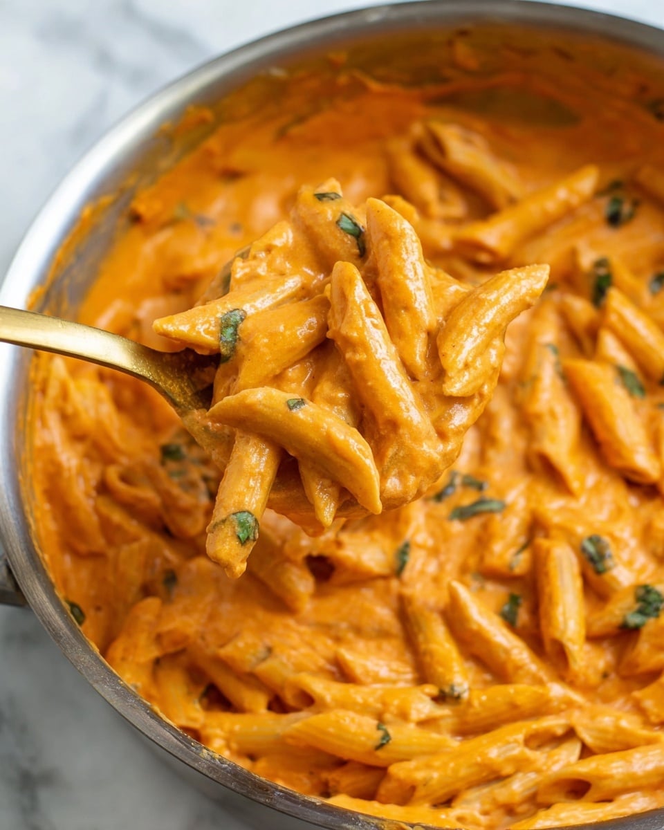 This close-up image shows creamy penne pasta coated in an orange-colored sauce with a smooth, rich texture. The pasta is in a metal pan, and a golden spoon lifts a few penne pieces covered in the thick sauce, with small green basil leaves mixed in. The penne are tubular with ridges, and the sauce looks creamy and well blended around the pasta. The background is a white marbled surface. photo taken with an iphone --ar 4:5 --v 7